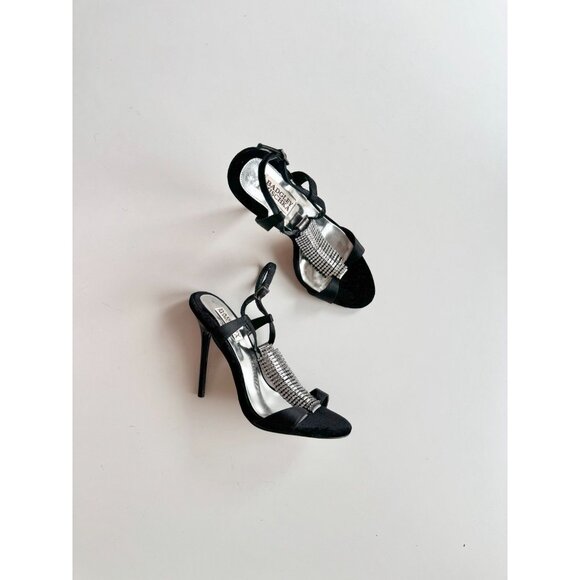 BADGLEY MISCHKA Java Black Satin Velvet Crystal TT-Stra Stiletto Heels, Size 7.5 - Picture 1 of 15